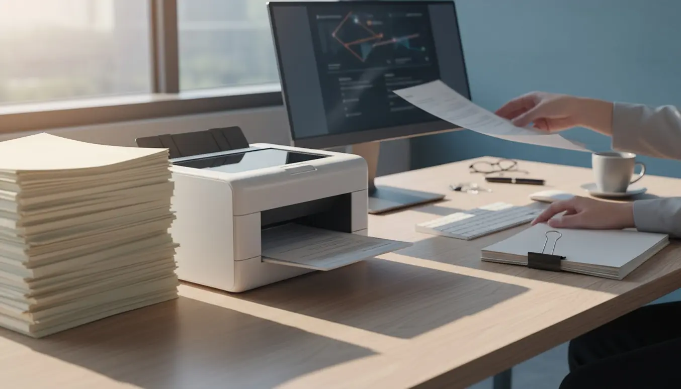 Hænder scanner og registrerer en stor bunke papirer ved en computer i et lyst kontormiljø.