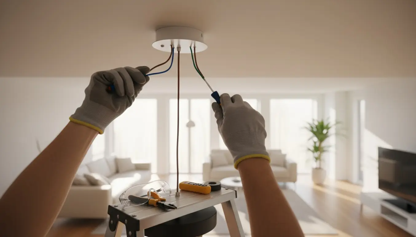Hænder på en stige monterer en loftlampe i en lys, moderne stue.