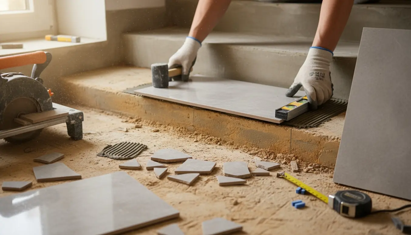 Nærbillede af hænder, der placerer ny rektangulær flise på en trappe under renovering med værktøj og afskårne flisekanter.