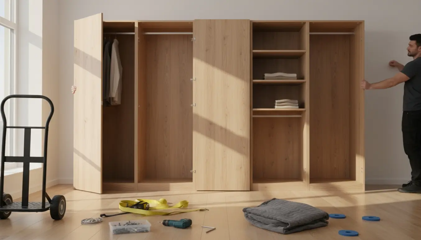 Et modulskab på 200 cm er delvist adskilt i en lys lejlighed med flytteudstyr klar.