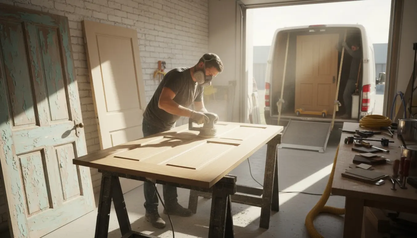 En håndværker sliber en af fire døre i et lyst værksted, mens andre døre er klar til afhentning.