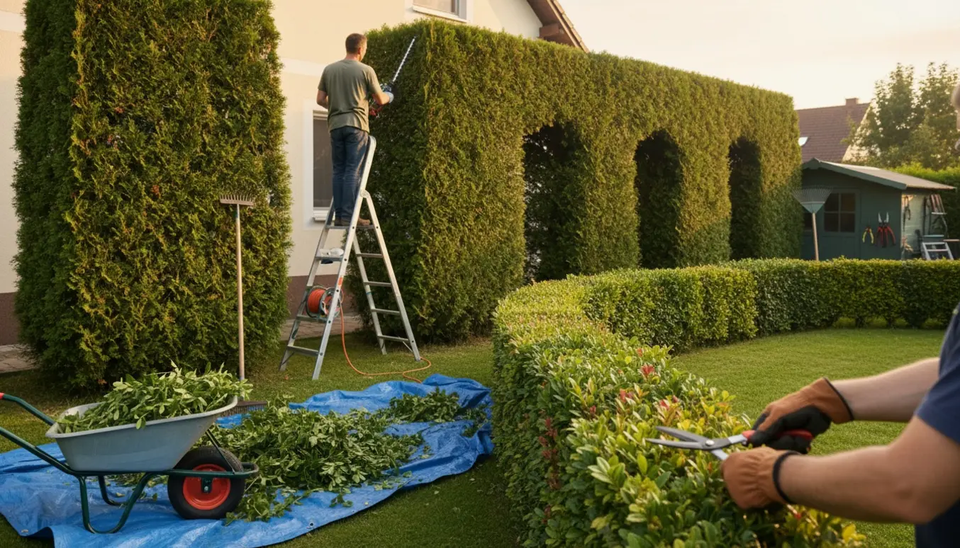 En person trimmer høje granhække og former en lavere havehæk ved huset.