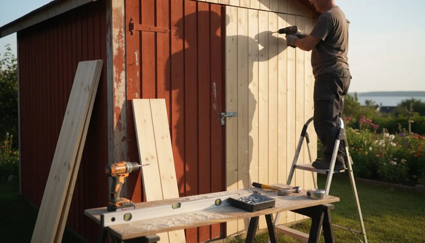 Renovering af lille redskabs-/badeskur med nye træbrædder og værktøj i en solrig have.