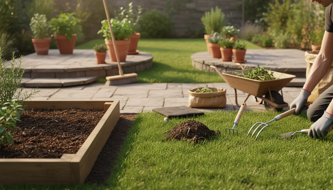 Handskerede hænder renser bede, fjerner ukrudt fra en havegang og anlægger en skarp kant langs græsplænen ved to små terrasser.