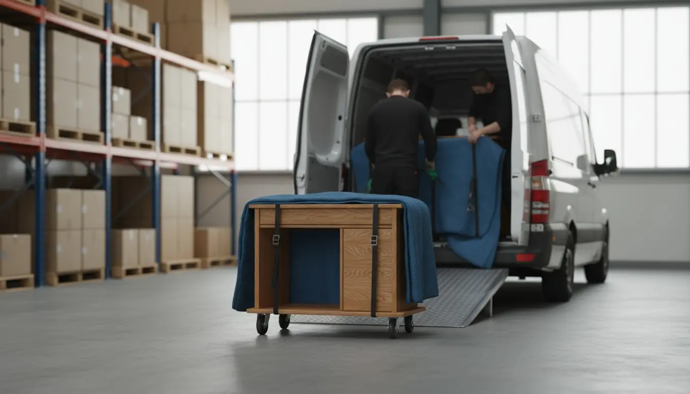 Et lille træskrivebord læsses omhyggeligt ind i en varevogn fra et lager med flyttetæpper og stropper.