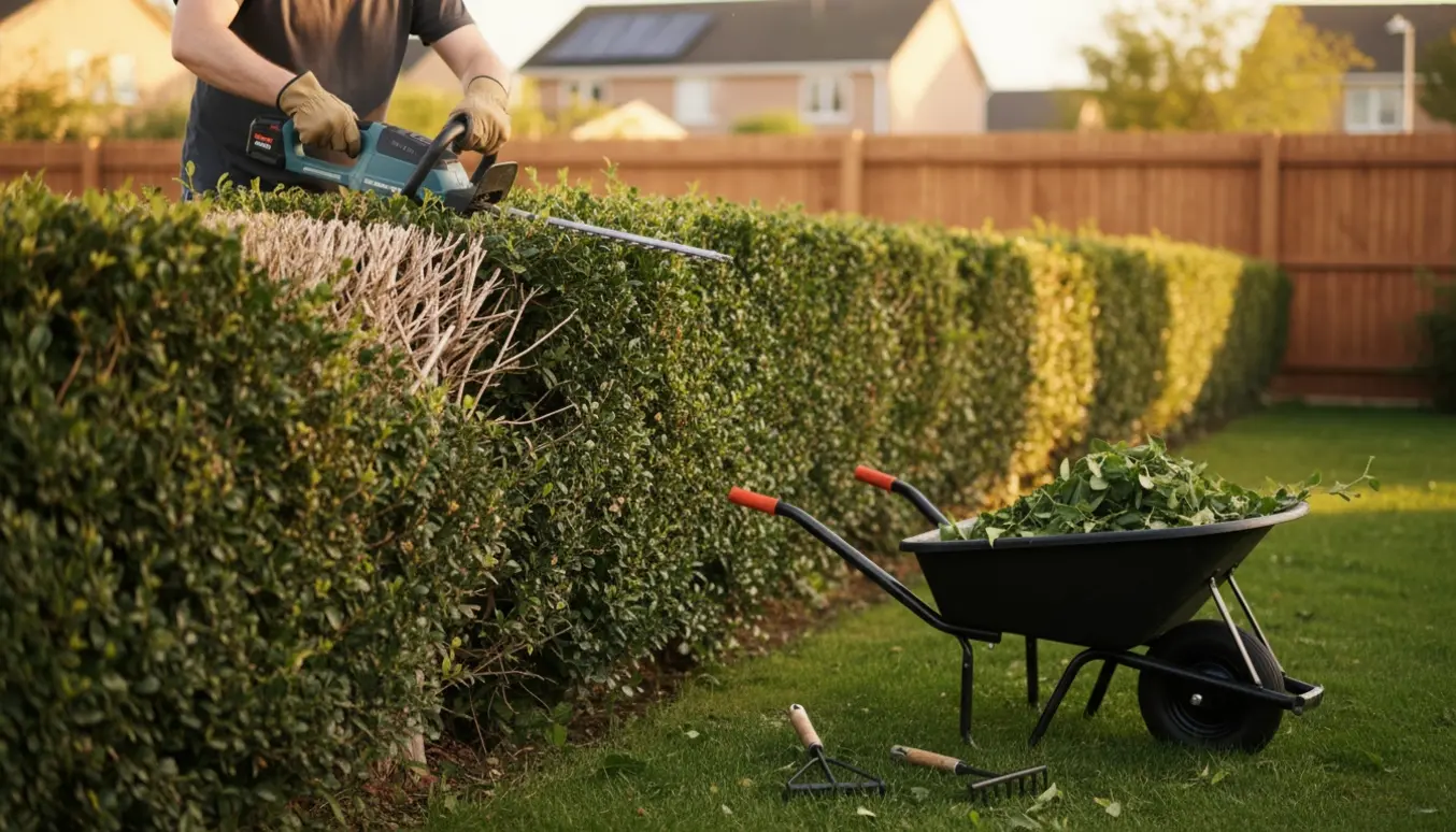 Udsnit af en person på en stige, der trimmer en højtvokset hæk, med afklip samlet i en trillebør.