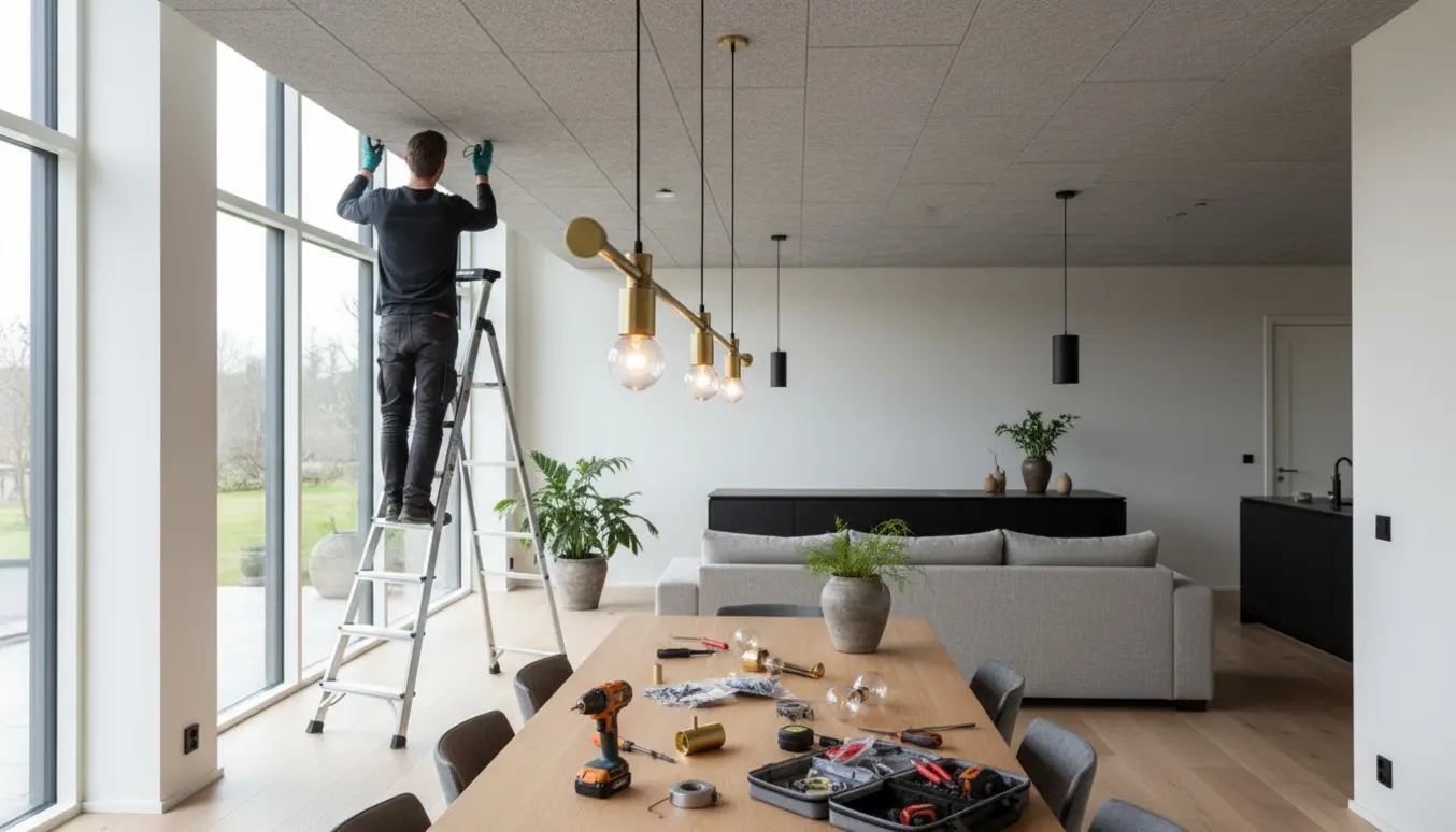 Installatører monterer tre pendler i et åbent køkken-alrum og stue under et akustikloft.
