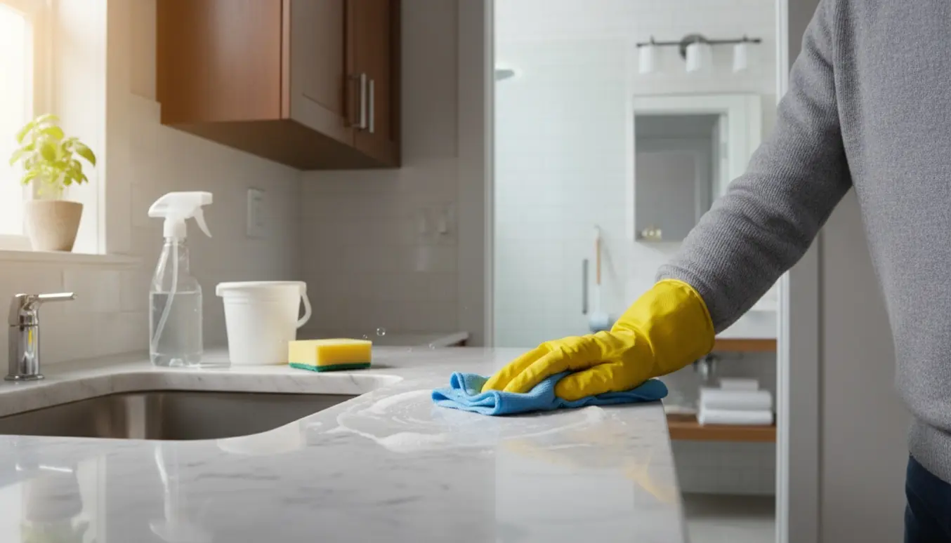 En person rengør et køkkenbord med klud, mens et nypudset badeværelse ses gennem en åben dør.