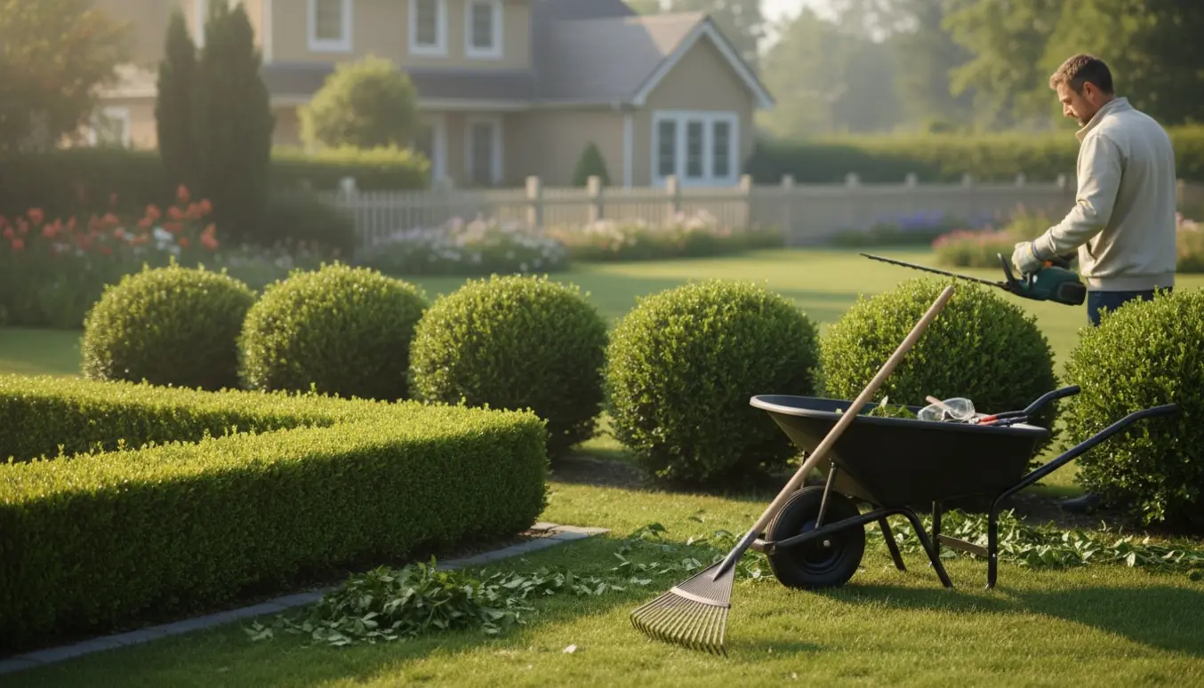 Person trimmer hække og beskærer buske i en velholdt have med klippeaffald og redskaber.