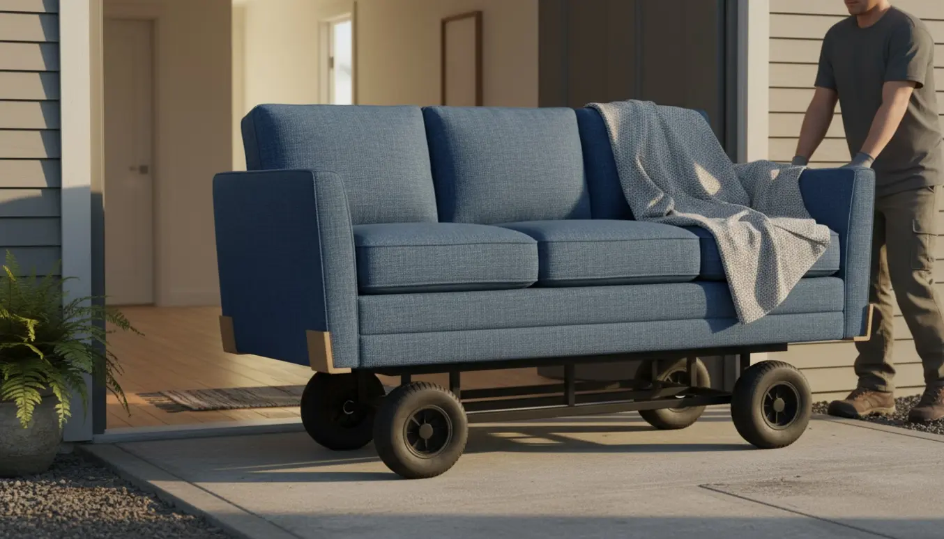 En samlet sofa på en sækkevogn ved kantsten på vej ind gennem en åben hoveddør til en stue med trægulv.