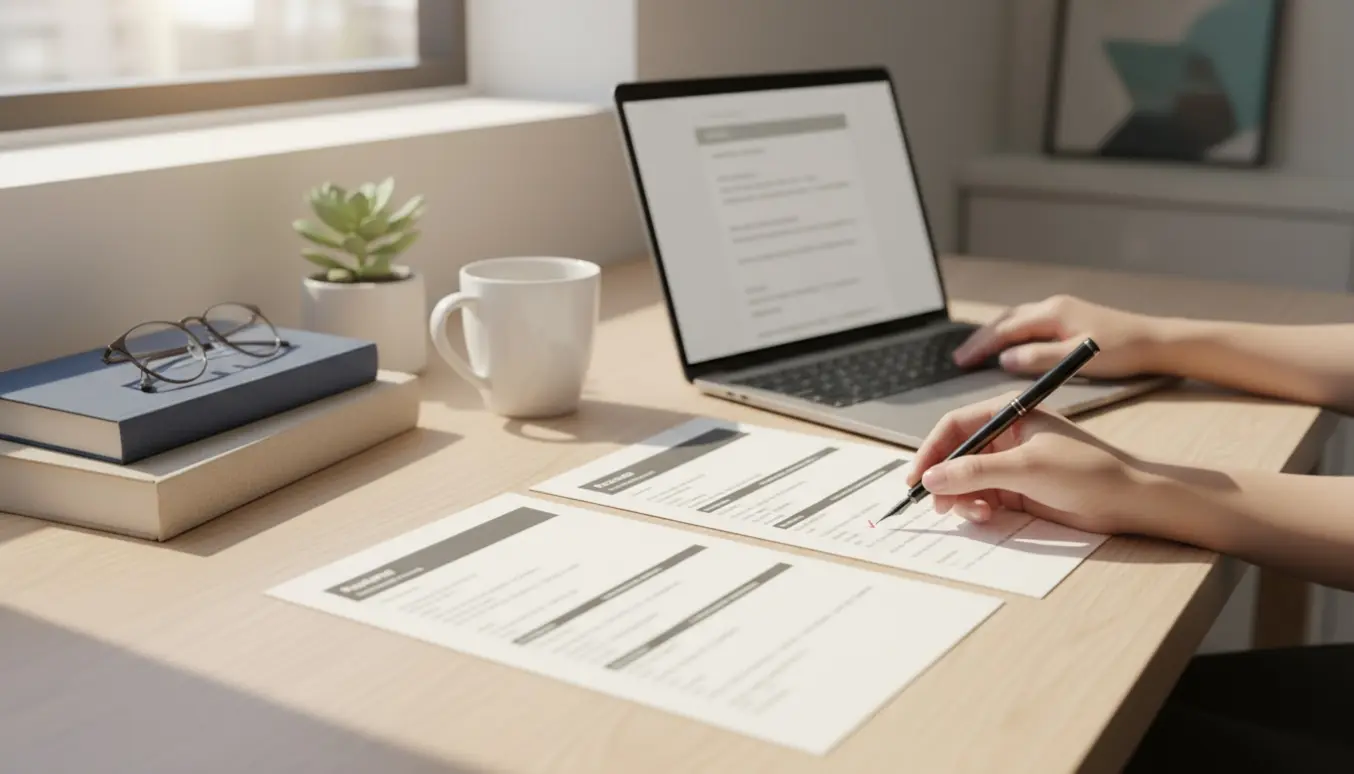 Hænder redigerer et CV og en ansøgning ved en laptop på et ryddeligt skrivebord.