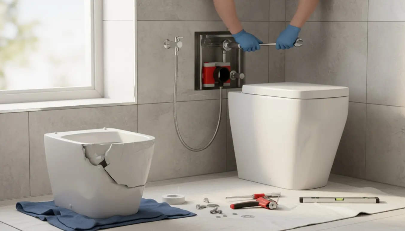 Værktøj og handsker ved montering af nyt væghængt toilet i et lyst flisebadeværelse.