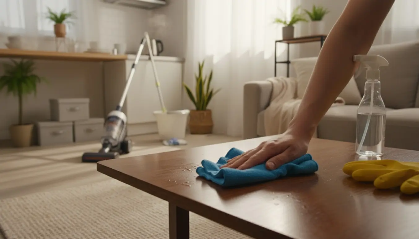 Hænder tørrer et bord i en solbeskinnet lille lejlighed med rengøringsmidler og en støvsuger i baggrunden.
