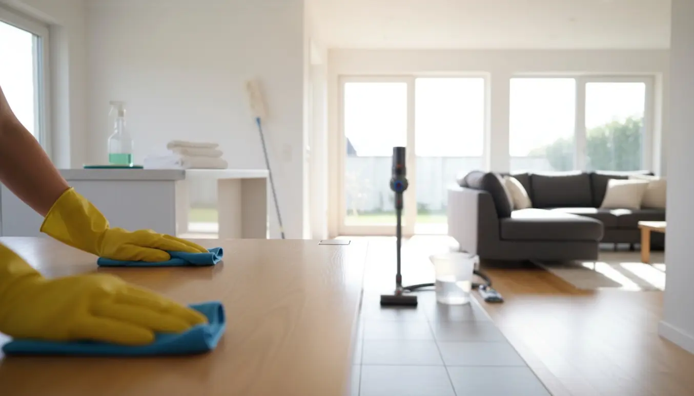 Hænder i gummihandsker pudser et træbord i en lys, ryddelig stue med rengøringsudstyr i baggrunden.