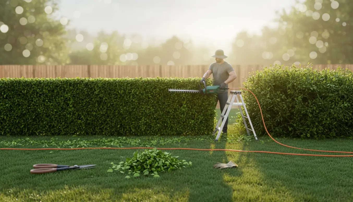 Delvist klippet hæk i en villahave med hæktrimmer og haveredskaber, uden synlige ansigter.
