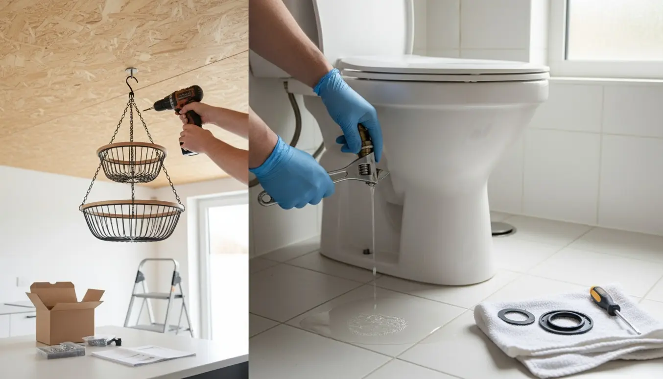 Toilet med løb og håndværkerhænder ved vandventil, i baggrunden monteres en tre-etagers hængekurv i et komprimeret loftpanel.