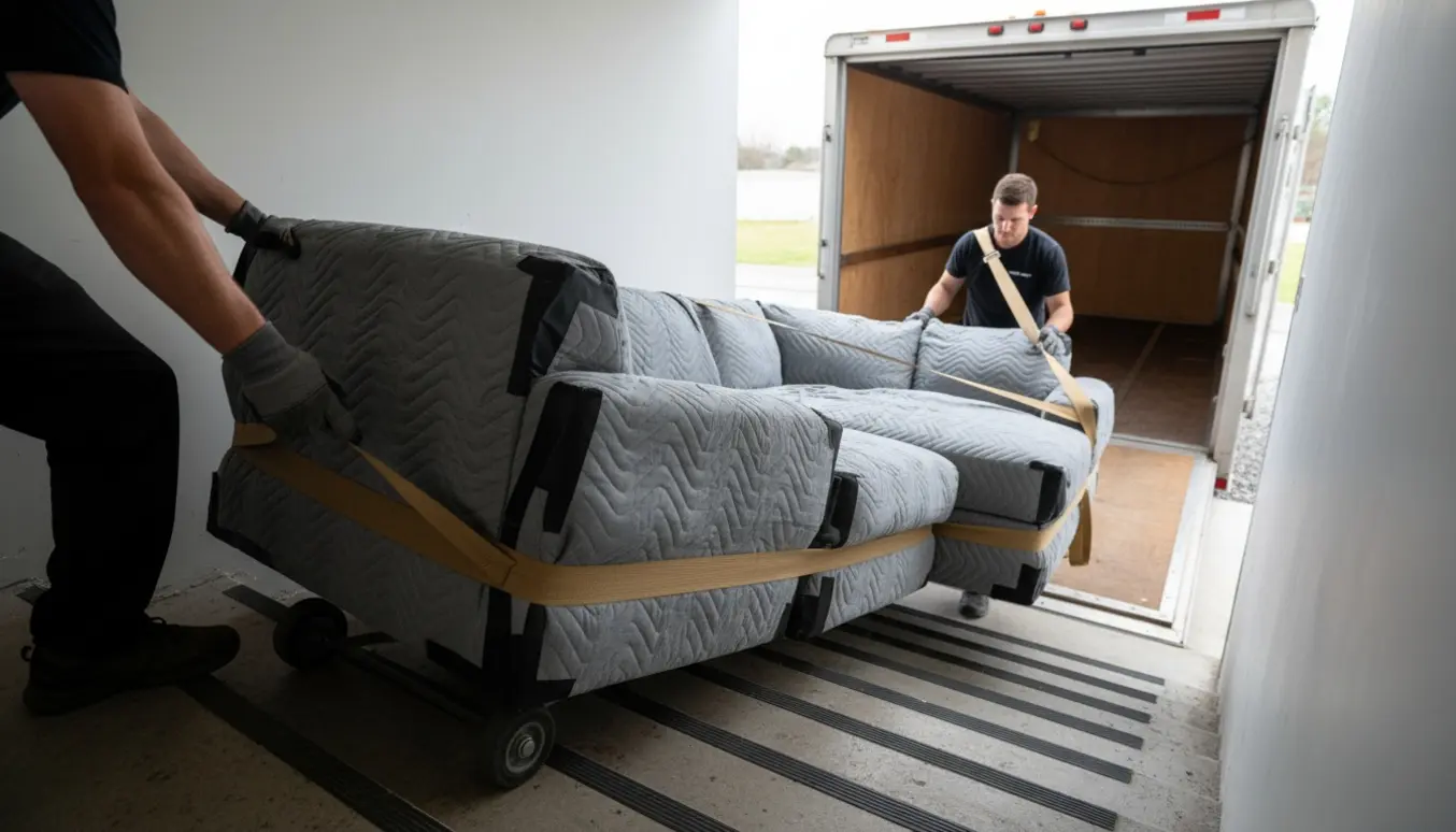 To personer bærer forsigtigt en U-sofa i tre dele op ad en smal kældertrappe mod en trailer, alle dele er pakket i flyttetæpper.