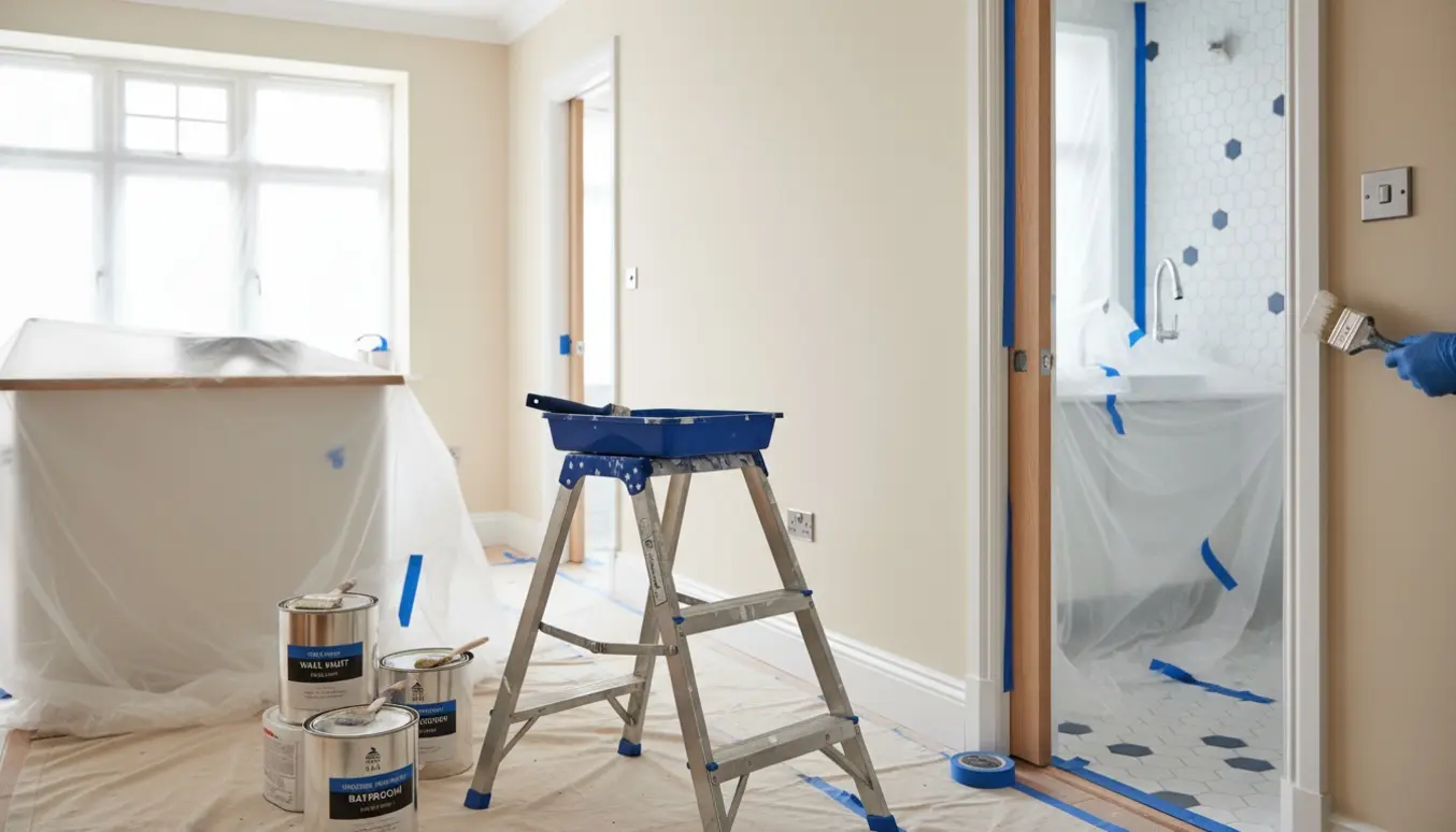 Lejlighed under malerarbejde med stige, malerbøtter, malerulle og afdækket køkken og badeværelse i baggrunden.