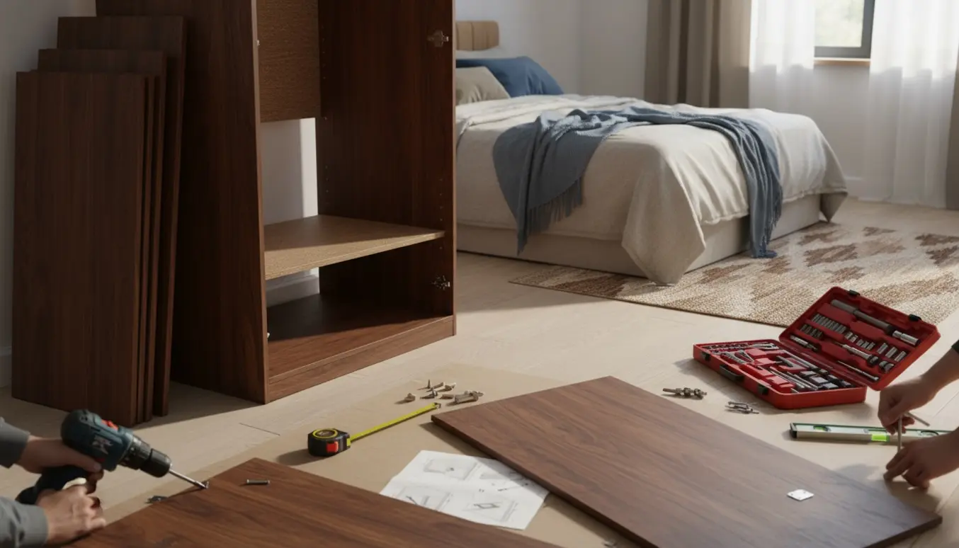 Delvist samlet garderobeskab i et lyst soveværelse, hænder bruger værktøj til at montere paneler.