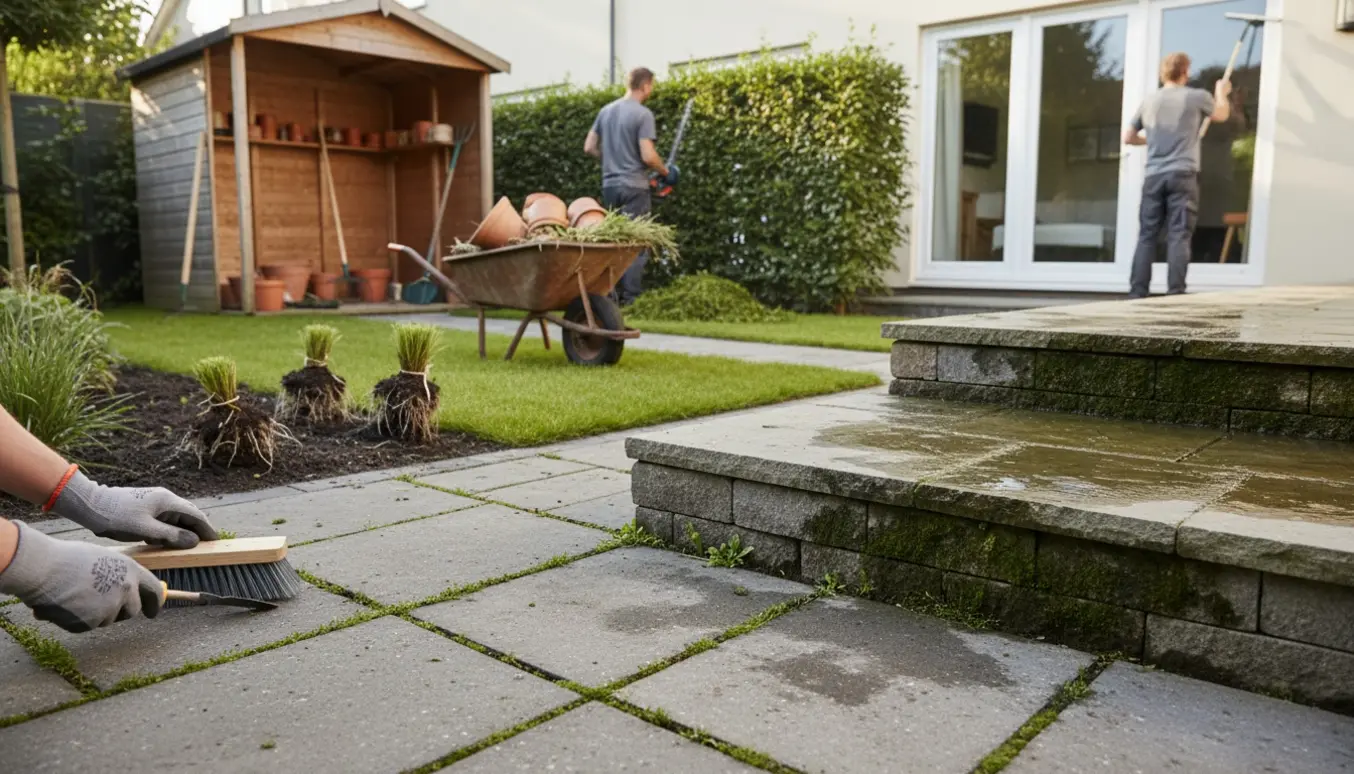 Oversigtsfoto af havearbejde med rensede fliser, hækklipning, flyttede krukker og ryddet skur.
