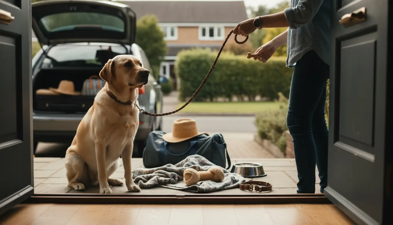 En rolig labrador sidder i en solbeskinnet døråbning, mens hænder bytter snor og kufferter står klar i baggrunden.