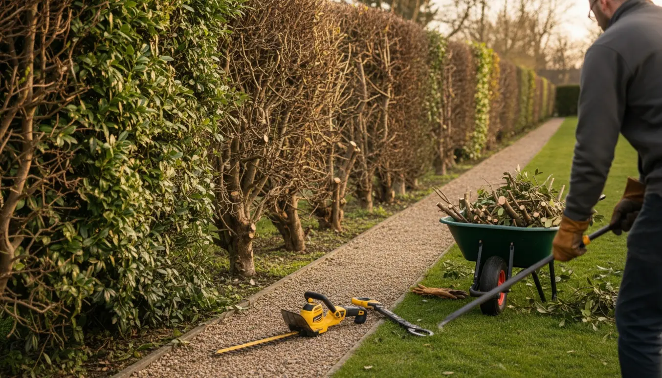 Lang, tæt hæk er delvist kraftigt beskåret med værktøj og snittede grene ved siden af.