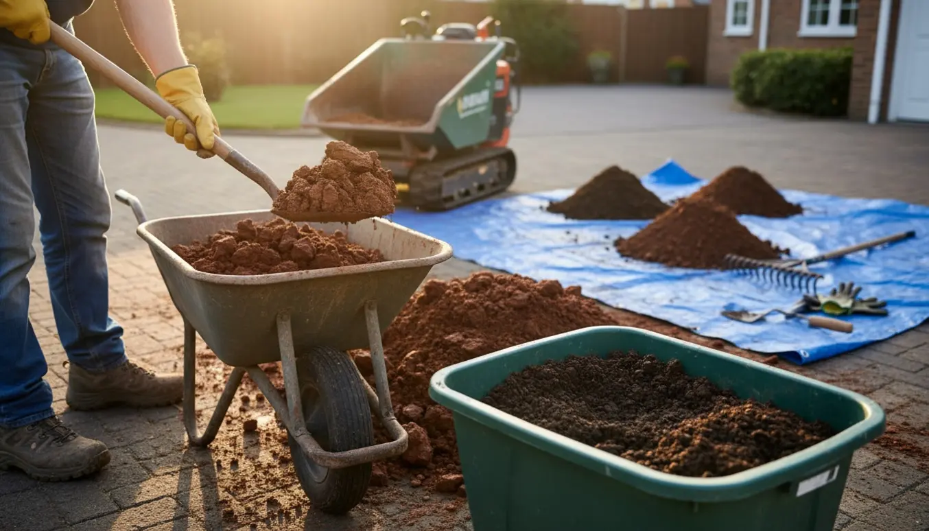 Metaltrillebør og plastkar fyldt med almindelig muld og lerklumper ved en have, klar til at blive kørt væk.