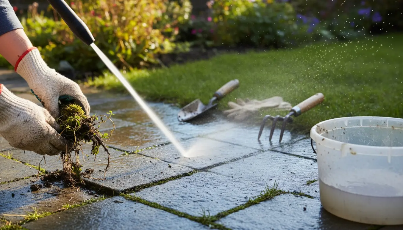 Hænder luger ukrudt mellem fliser, mens en højtryksrenser danner en ren stribe på en solbeskinnet terrasse.