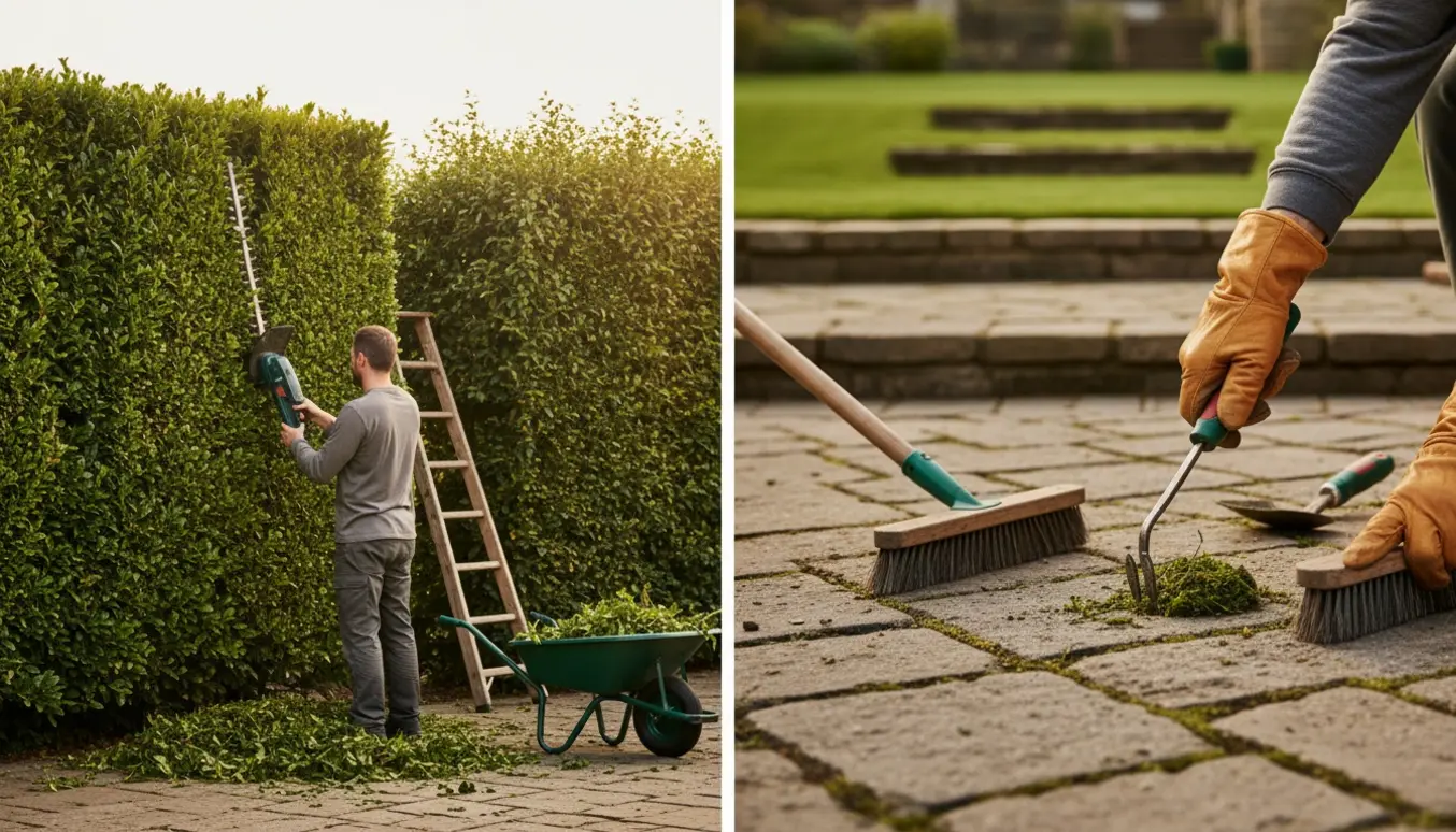 Hækkeklipning og fjernelse af mos og ukrudt mellem fliser på en privat grund.
