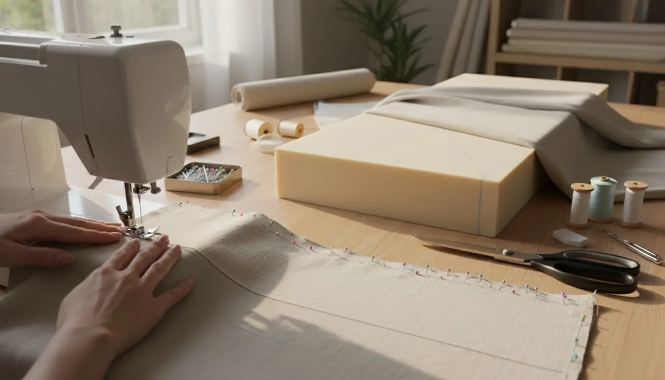 Hjemmesyet madrasbetræk i arbejdet på et lyst træbord med symaskine og stof, uden synlige ansigter.
