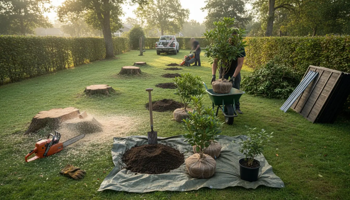 Havearbejde med rodfræsning, flytning af rhododendron og forberedelse til opsætning af et lydisolerende hegn.