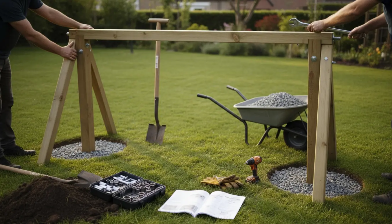 A-formet gyngestativ monteres i baghaven, fire træpæle graves ned og stabiliseres med grus mens værktøj ligger klar.