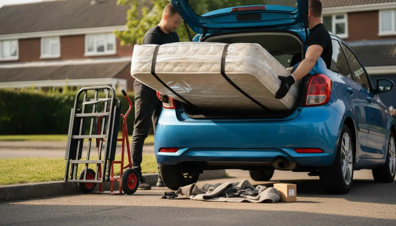 To personer løfter en indpakket dobbeltseng ind i en åben hatchback på en stille villavej.