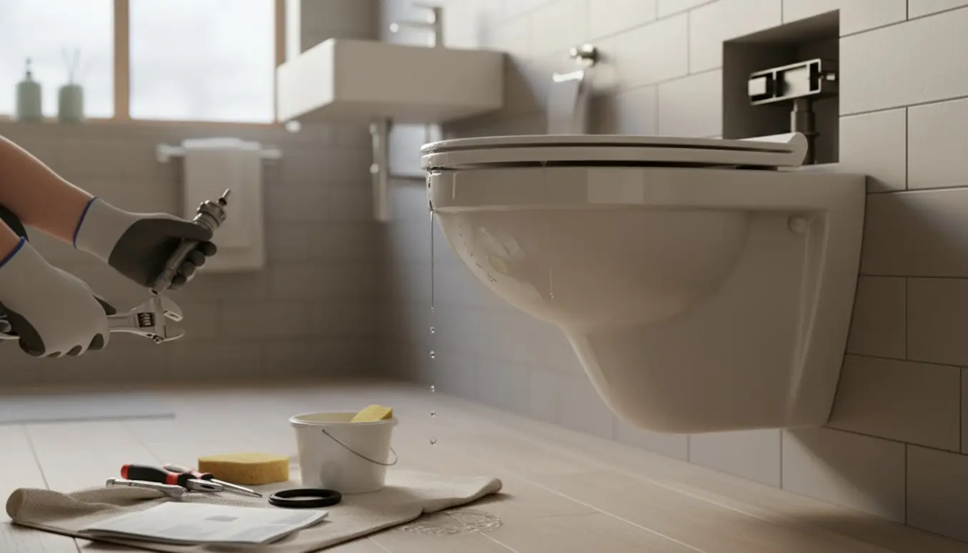 Nærbillede af et indbygget Ifø Cera Art-vægtoilet med åben betjeningsplade, værktøj og håndværkerhænders reparation af et løbende toilet.