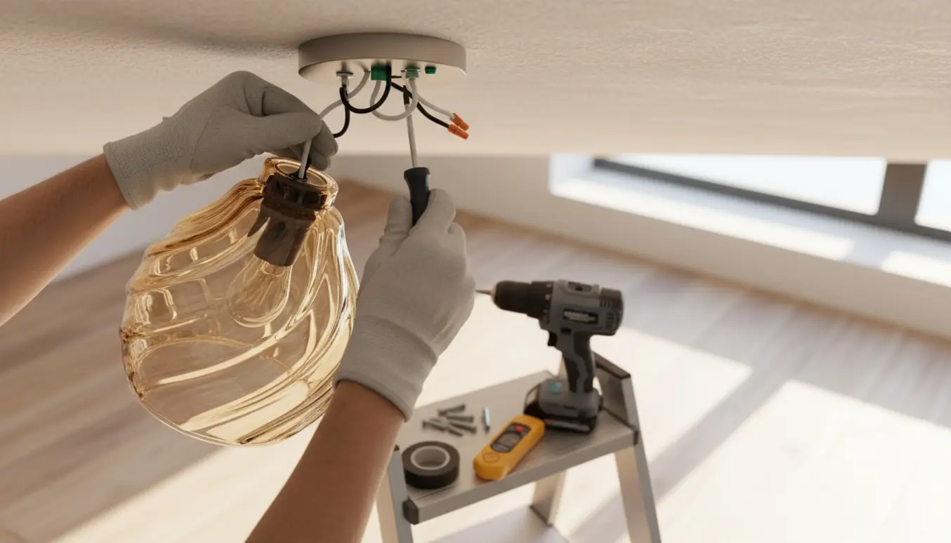 Nærbillede af hænder, der samler og monterer en Murano-pendel i loftets roset.