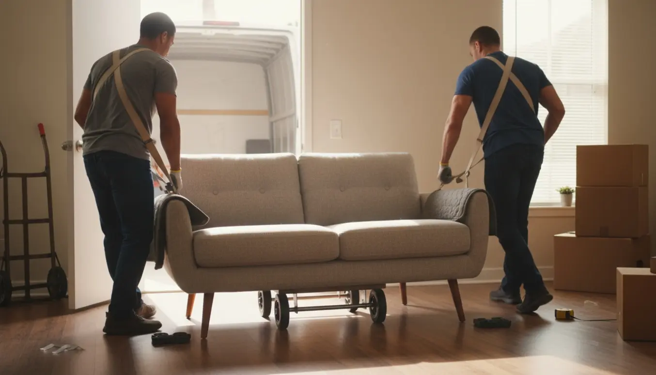 To personer løfter en 2-personers sofa i en lys entré med flyttetæpper og dolly.