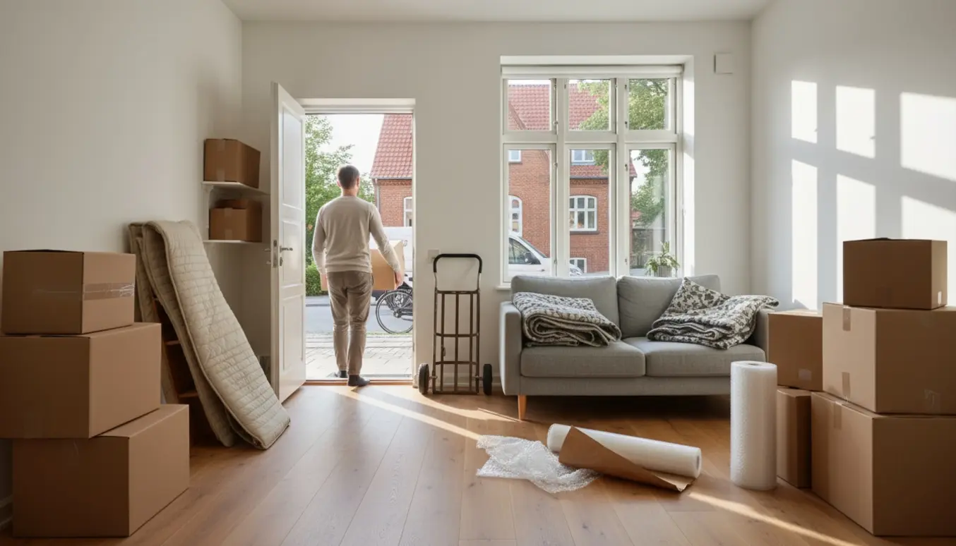 Pakning og flytning fra lejlighed til hus med kasser, flyttevogn og beskyttelsesuld i naturligt dagslys.