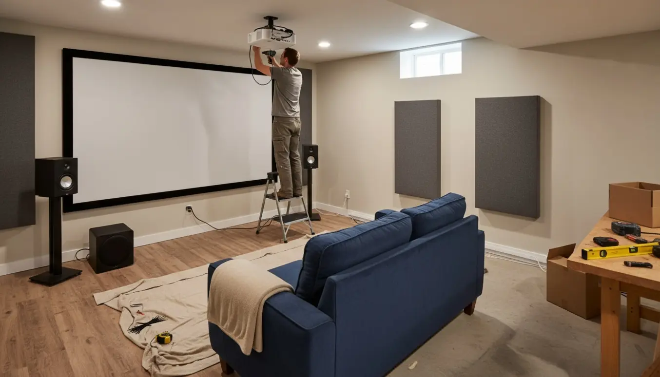 Delvist installeret hjemmebiograf i et kælderrum med skærm, højttalere og værktøj.