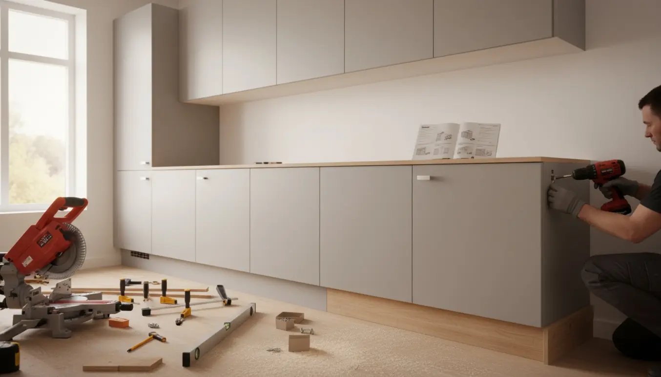 Montage af nyt Ikea-køkken med højskabe, underskabe og en håndværker, der monterer en træ-sokkel.