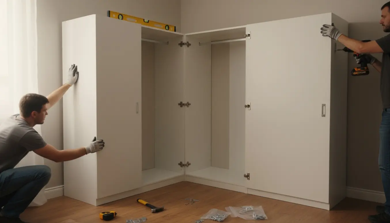 To håndværkere monterer og sikrer et L-formet PAX-garderobeskab med dør og værktøj i et lyst soveværelse.