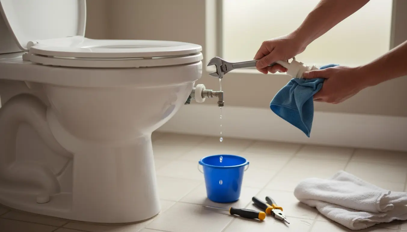 Nærbillede af hænder, der reparerer fyldventilen i en åben toiletscisterne med værktøj i nærheden.