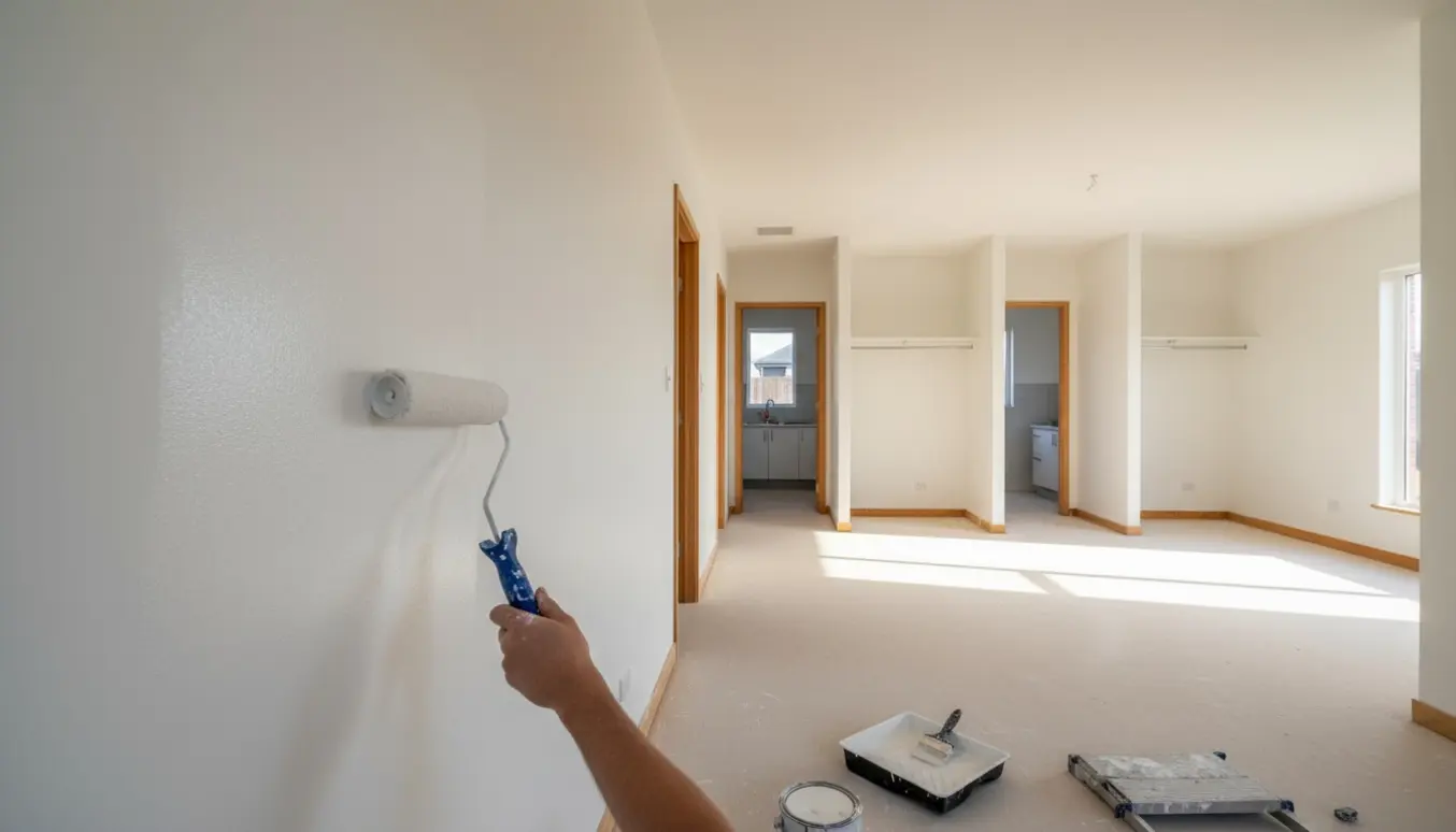 Indendørs malerarbejde i et tomt hus med malerrulle, spand og nyhvidmalede vægge.