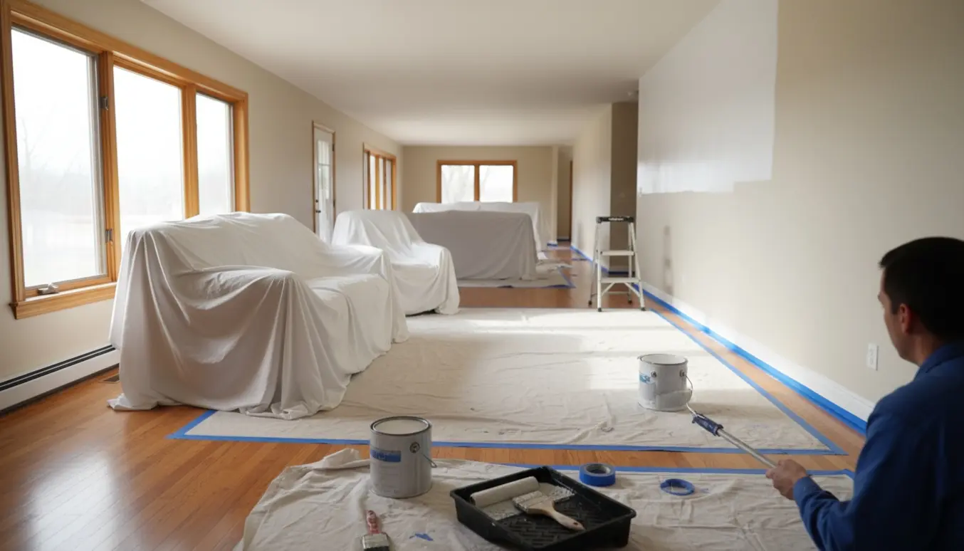 En maler ruller et enkelt lag maling på en halvmalet væg i et lyst, enkeltplanshus klar til indflytning.