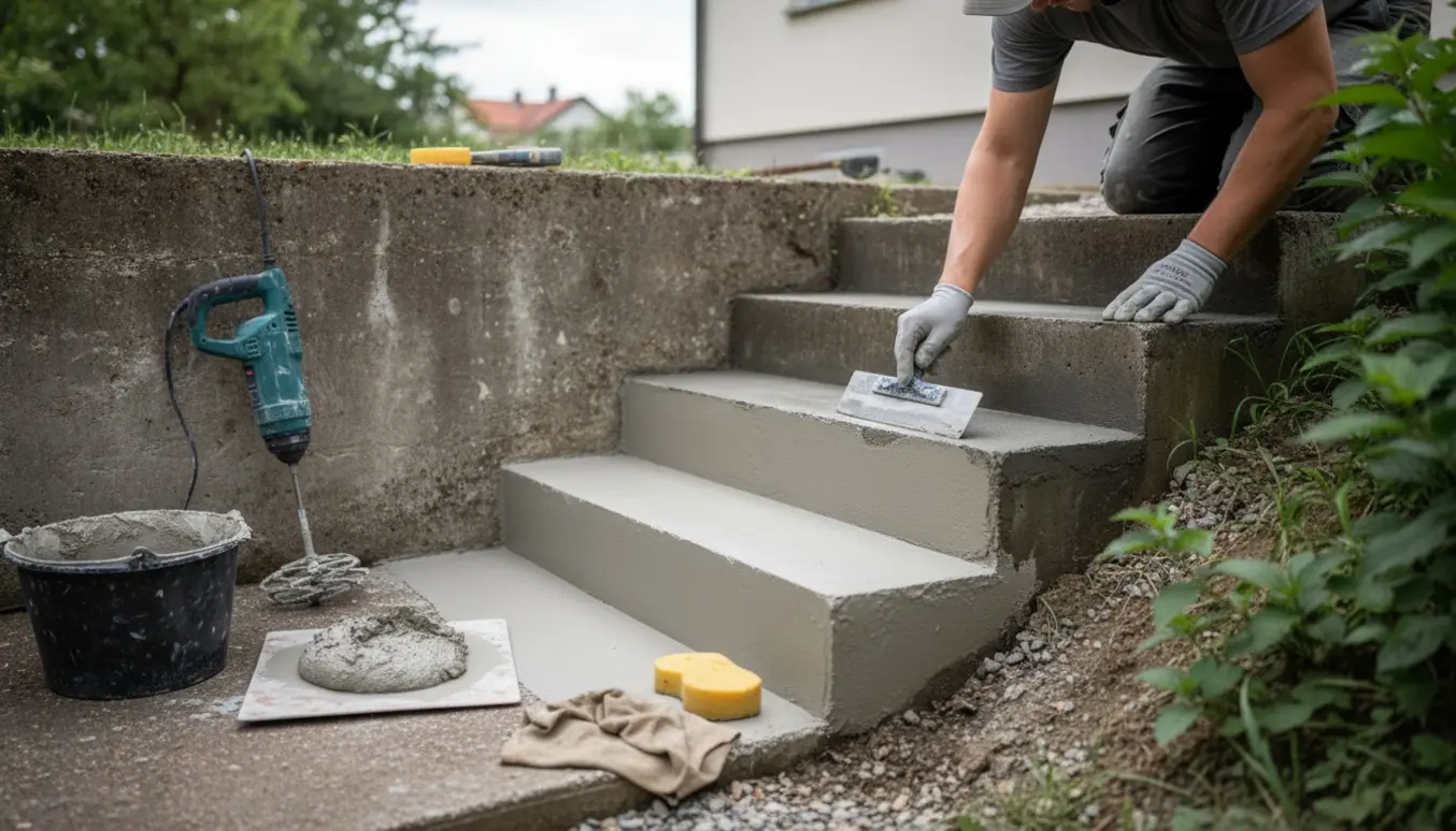 Håndværker pudser en udvendig kældertrappe på syv trin med murske og spand.