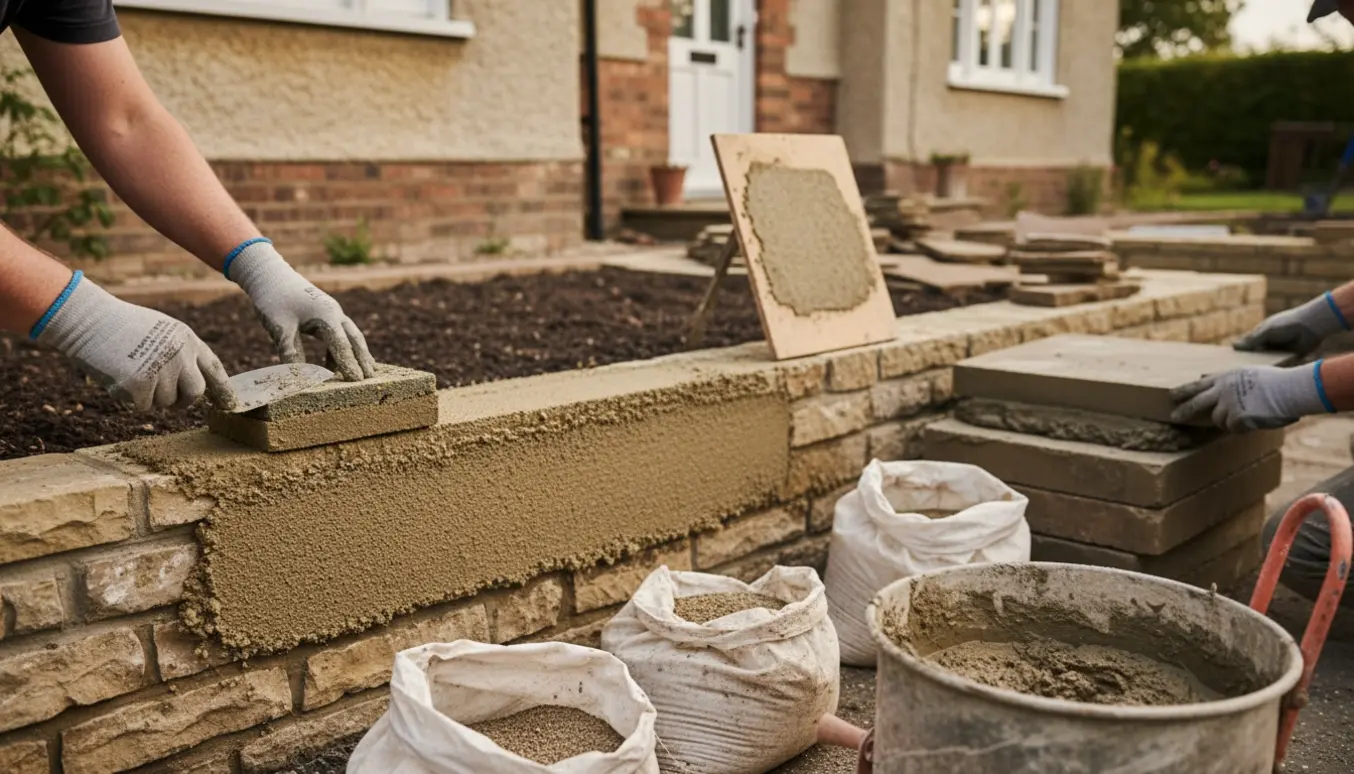 Håndværker påfører strukturpuds på en støttemur med trowel og prøveplade foran et gammelt hus.