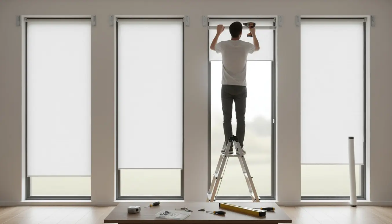 Fire hvide rullegardiner monteres på en række vinduer, med værktøj og hænder synlige.