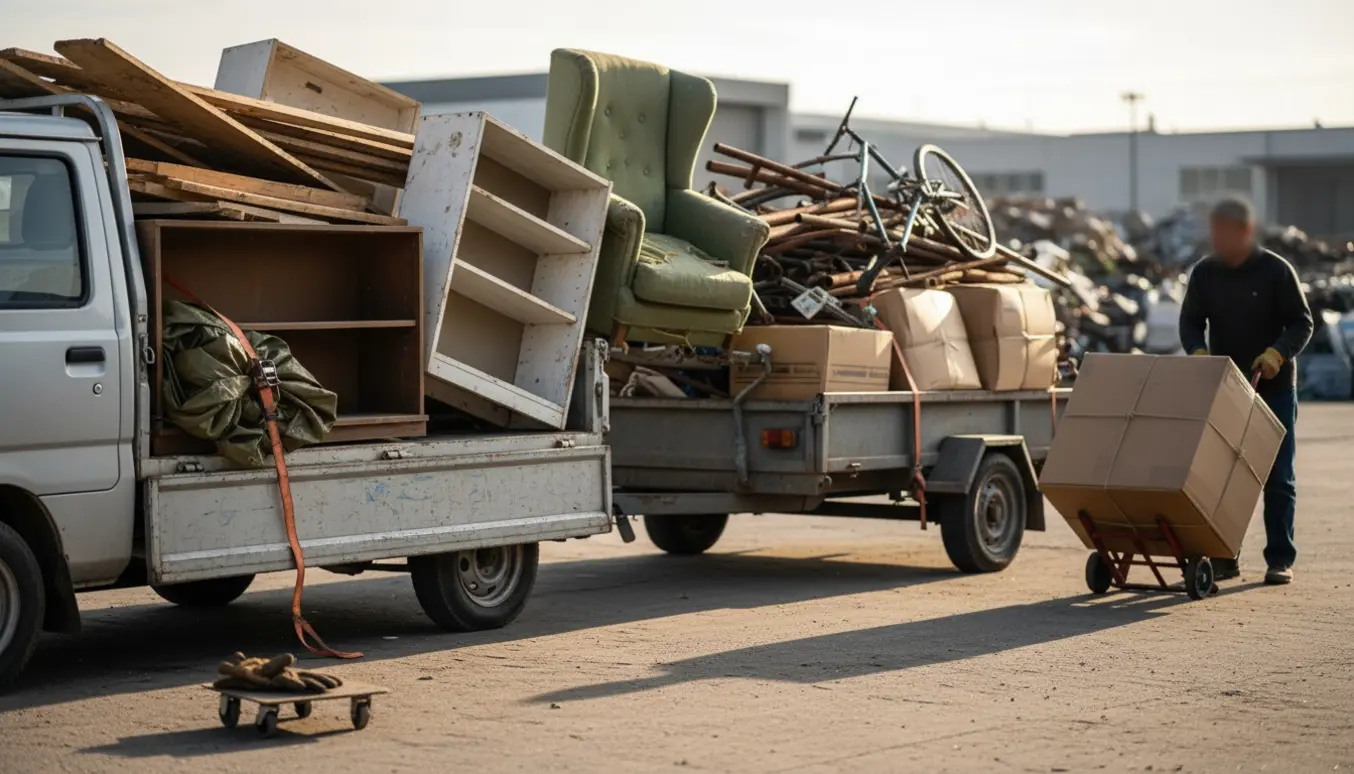 Lastet pickup og trailer ved et genbrugscenter, personer set bagfra læsser træ, metal og storskrald af.