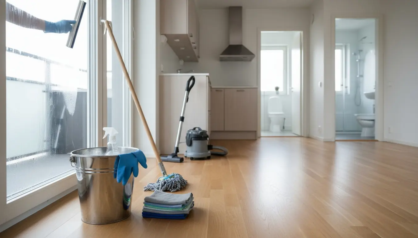 Rengøringsudstyr i en lys tom lejlighed med lille køkken, synlig emhætte og skinnende brusekabine.