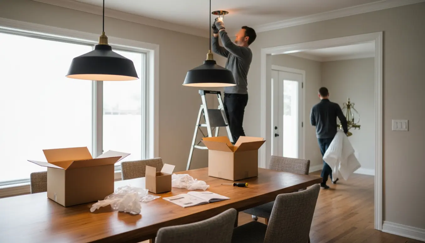 To nye pendellamper over et spisebord, mens en gammel loftslampe afmonteres for at blive flyttet til et naboværelse.