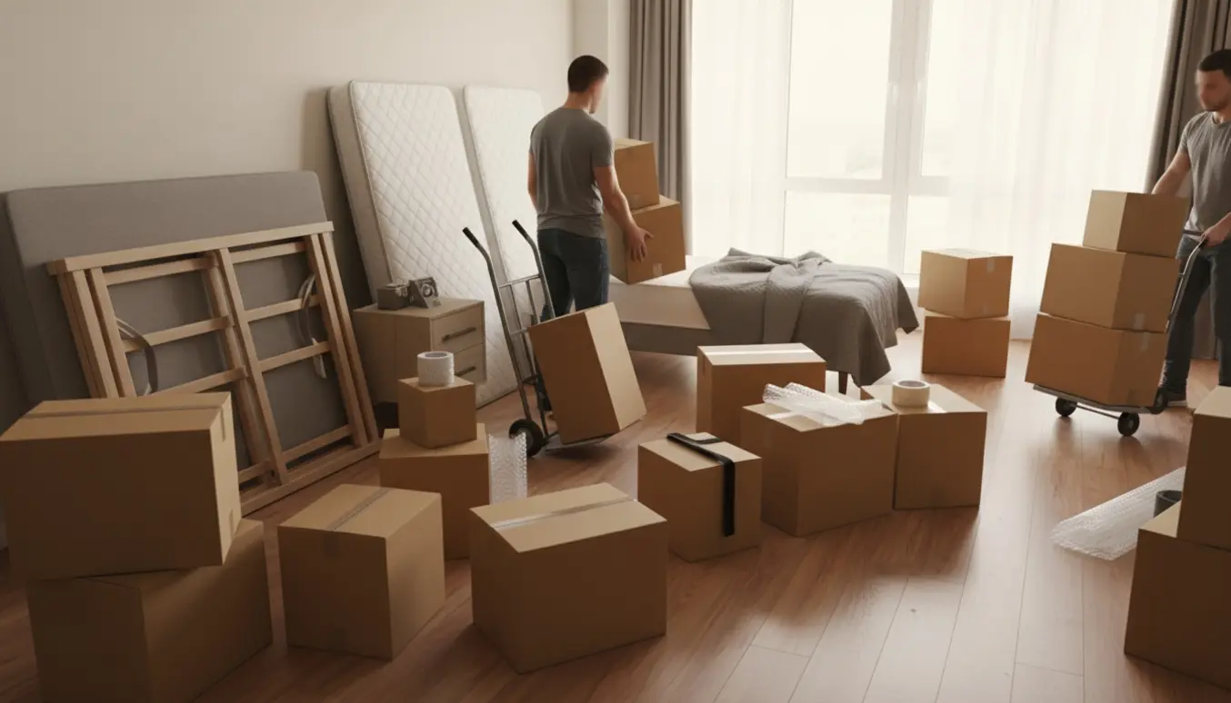 Soloplyst flyttescene i lejlighed med to enkeltsenge, møbler og stabler af flyttekasser.